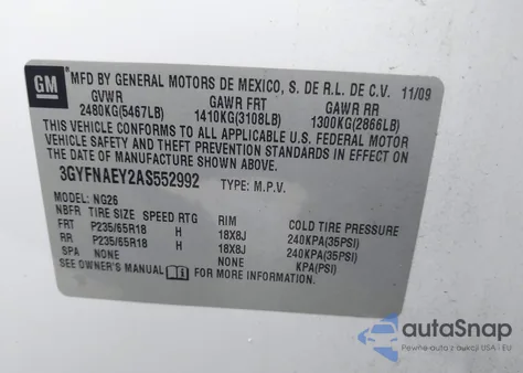 2010 Cadillac Srx Luxury Collection z USA, uszkodzony, nr VIN 3GYFNAEY2AS552992